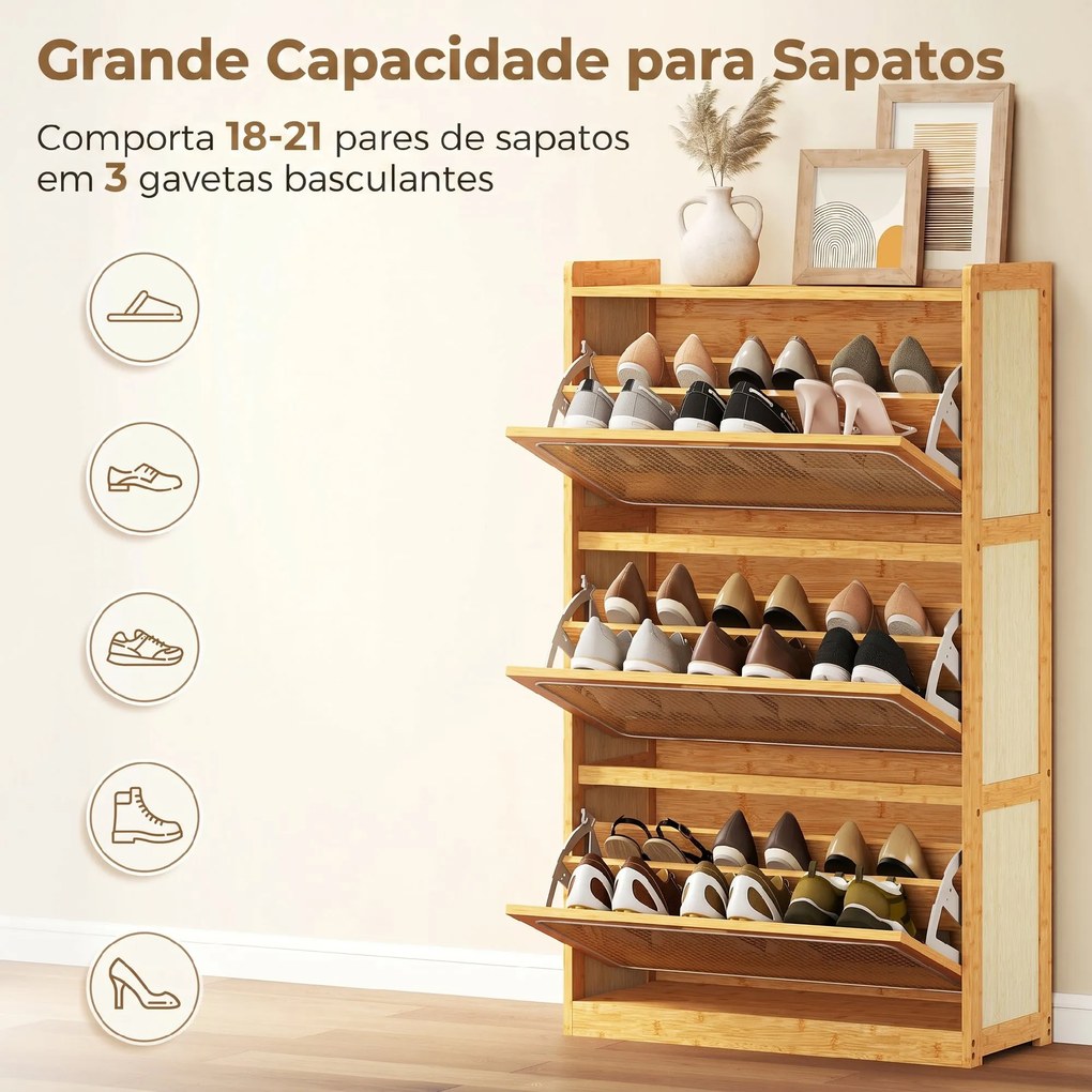 Sapateira com 2 Compartimentos Basculantes Sapateira Estilo Bohemio Estreita com Prateleiras Ajustáveis para 18-21 Pares de Sapatos 69x29x119,8 cm Mad