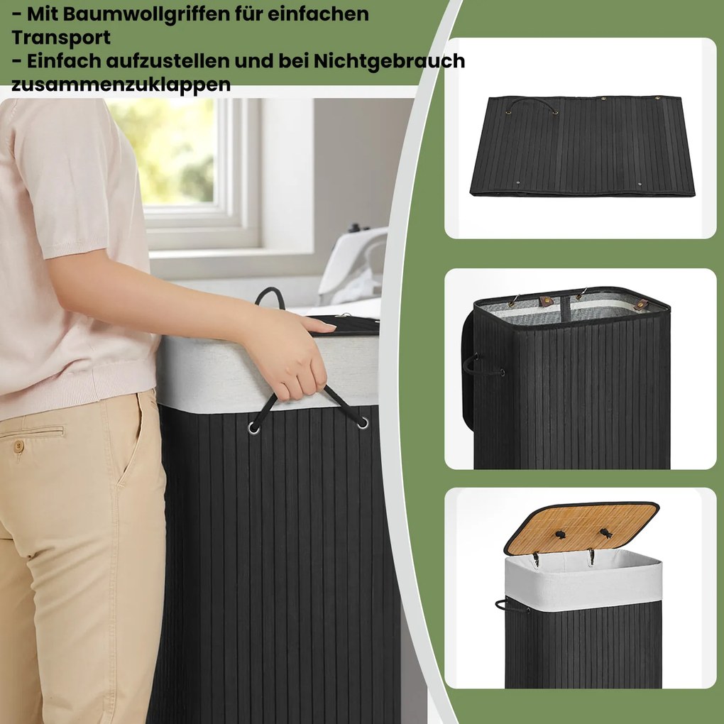 Cesto para roupa em bambu de 72 L, 40 x 30 x 60 cm preto