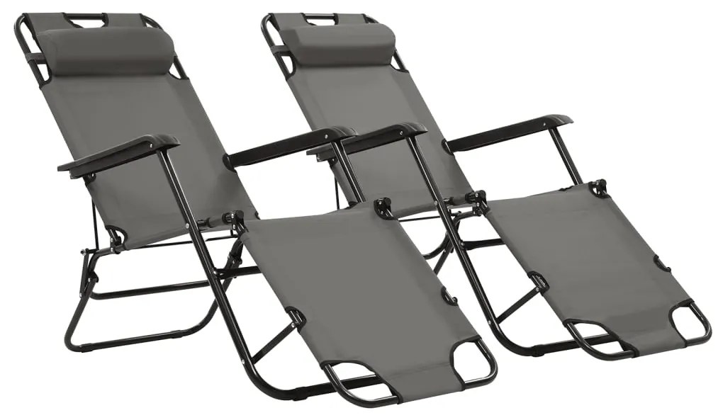 Espreguiçadeiras dobráveis c/ apoio de pés 2 pcs aço cinzento