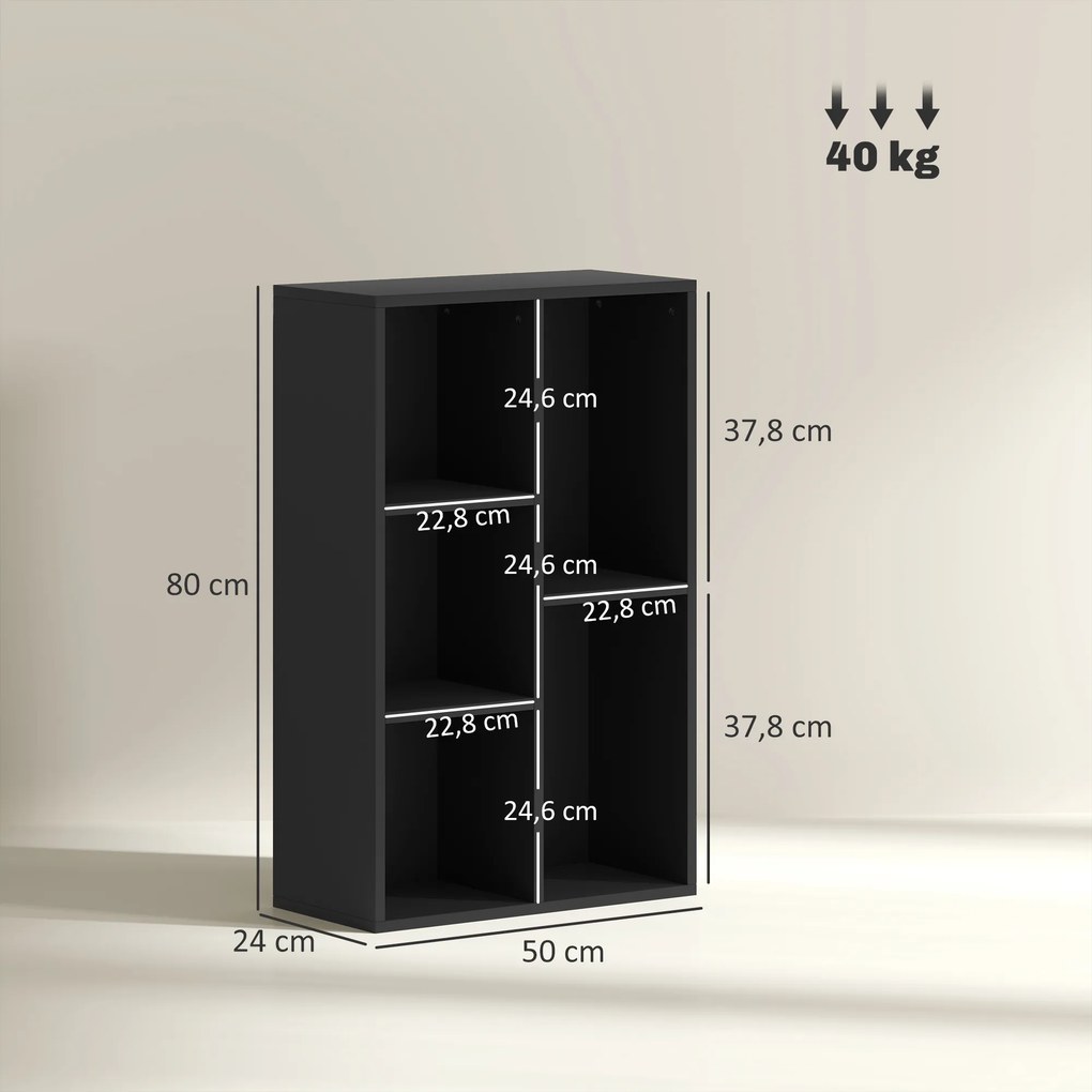 Estante com 5 compartimentos 50 x 24 x 80 cm, para sala de estar, quarto ou escritório, preta