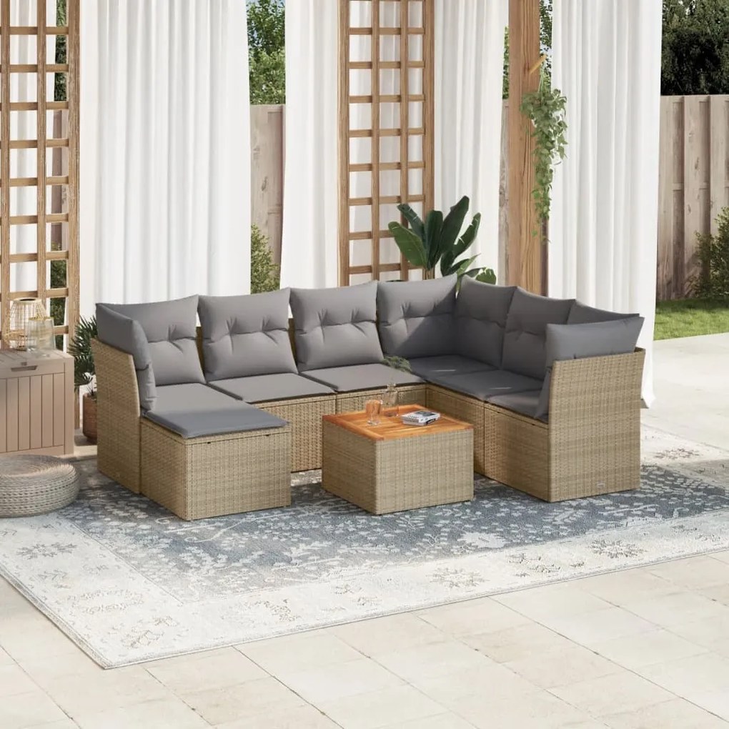 8 pcs conj. sofás jardim c/ almofadões vime PE bege misturado