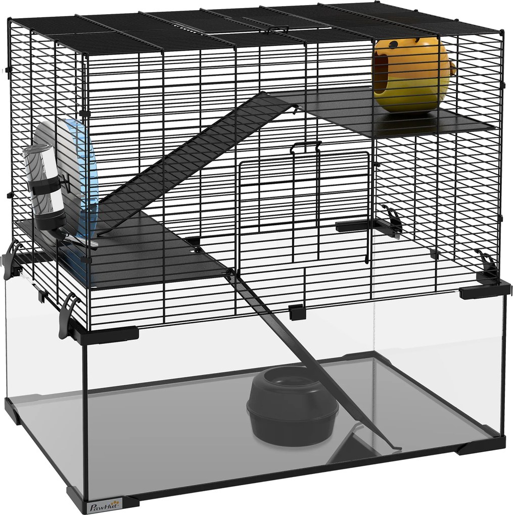 PawHut Gaiola para Hamster com Fundo de Vidro Plataformas Comedouro Bebedouro Casa Rampas e Roda de Exercício 60x40x54,5 cm Preto | Aosom Portugal