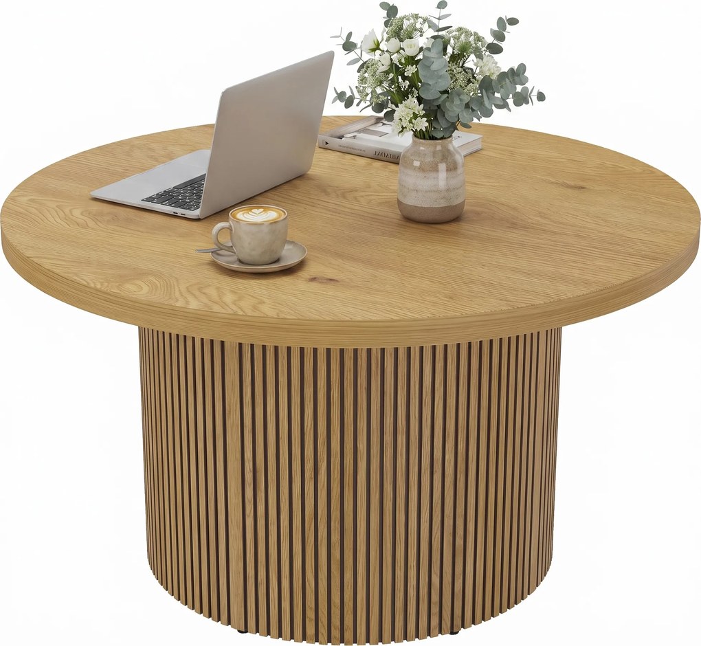 Mesa de centro redonda em madeira Ø 80 x 45 cm, mesa de sala com base canelada, estilo moderno, efeito de madeira natural