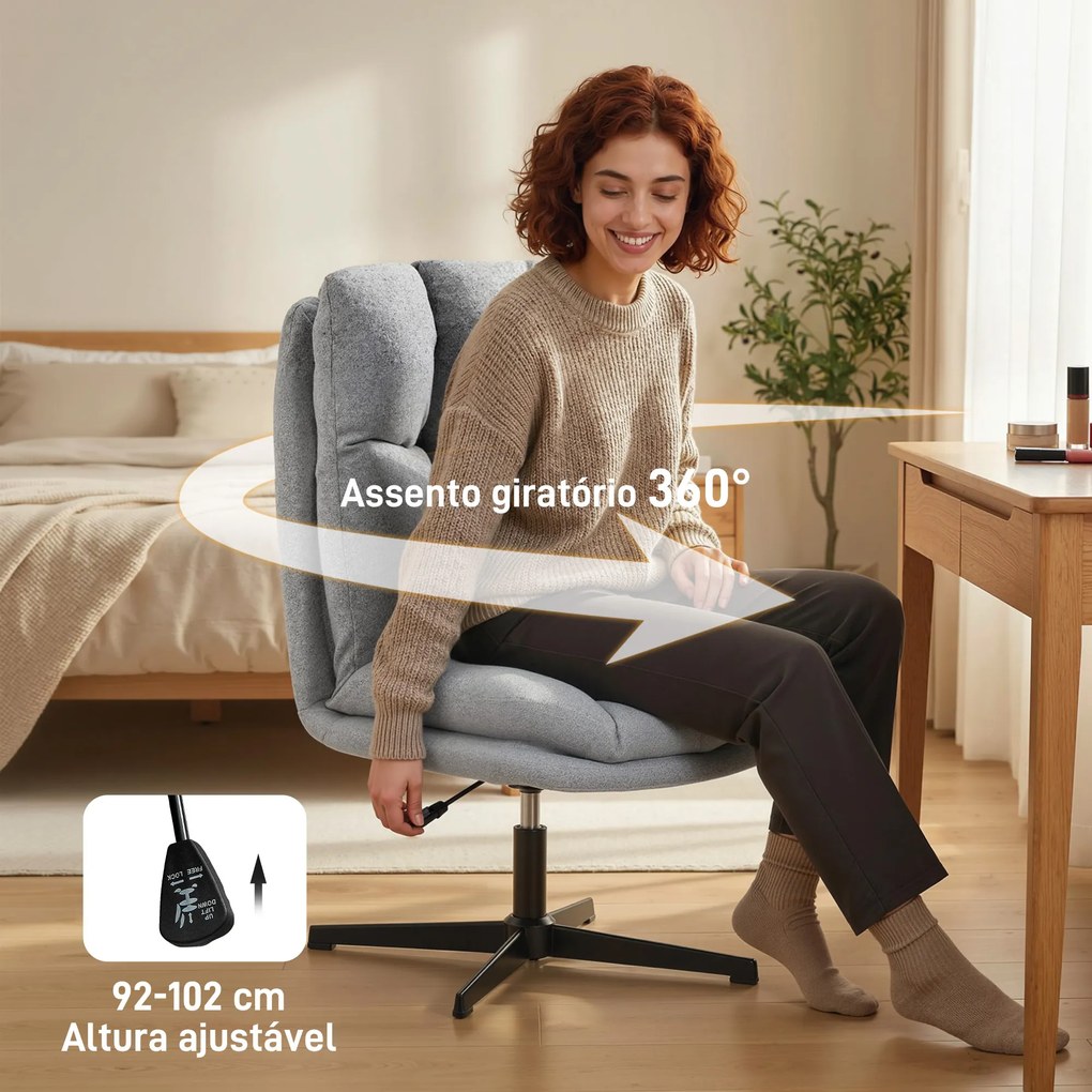Poltrona de Sala Poltrona Giratória 360° Poltrona Relax com Altura Ajustável Assento Largo 63x75x92-102 cm Cinza Claro