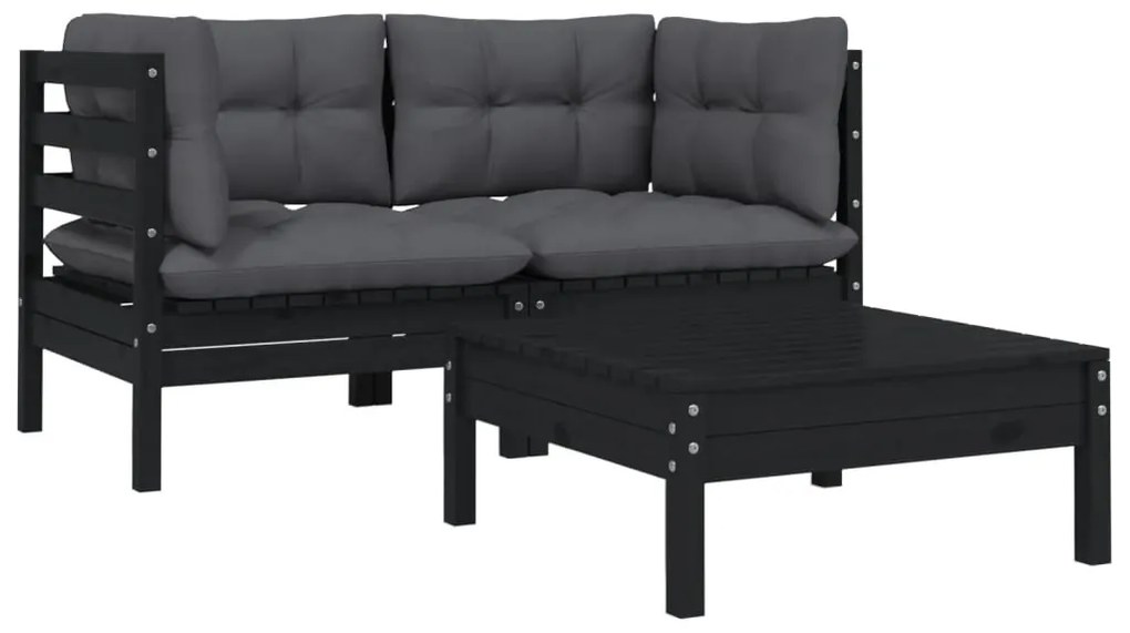 3 pcs conjunto lounge jardim c/ almofadões pinho maciço preto