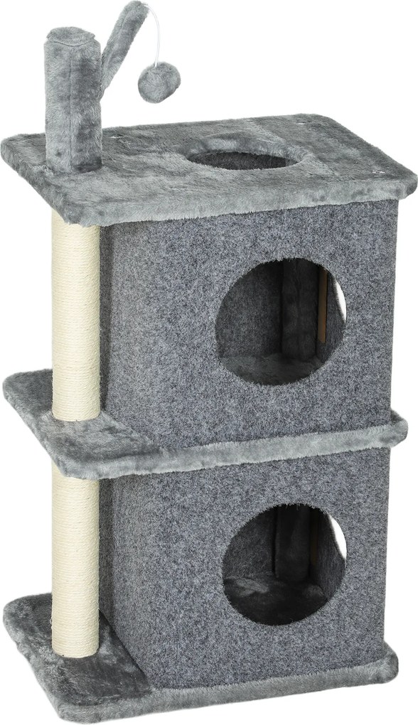 PawHut Árvore para gatos 3 níveis torre para gato 2 nichos e superfície de descanso confortável, bola 43 x 33 x 80 cm cinza escuro | Aosom Portugal