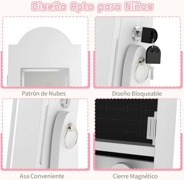Armário para joias infantil 30,5 x 30,5 x 117,5 cm com espelho de corpo inteiro e 4 luzes com sensor estilo princesa Branco