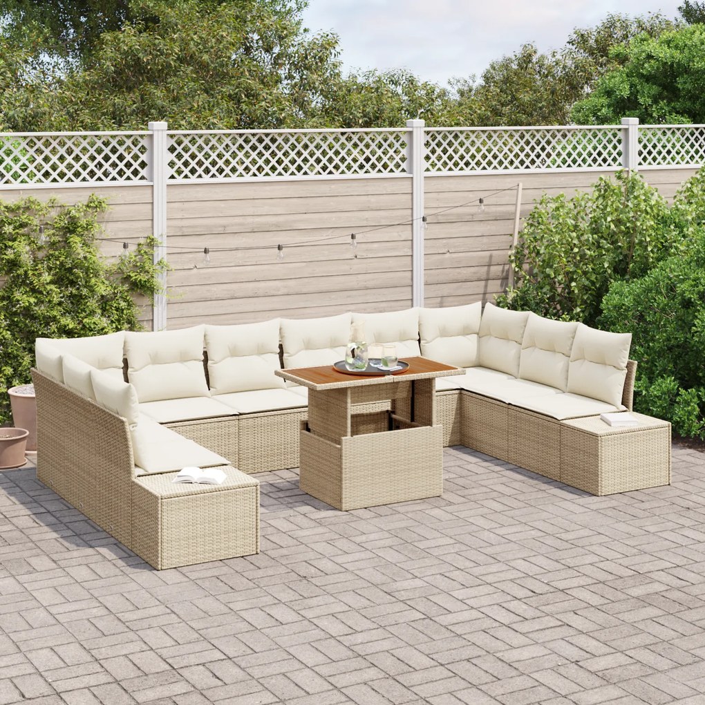 Conjunto de Sofá Jardim de 11 Peças com Almofadas Bege Rattan Poliéste