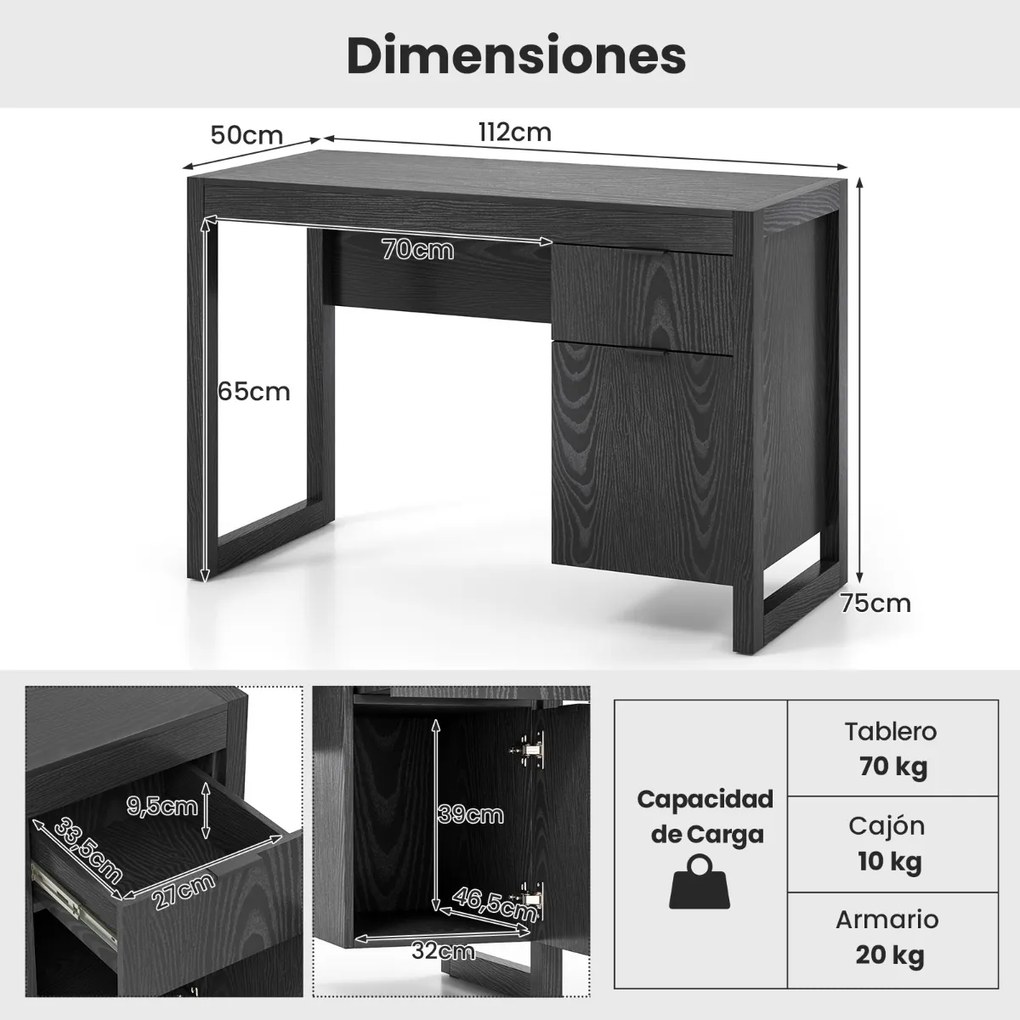 Secretária para computador 112 x 50 x 75 cm com armário e gaveta, painel espesso, estrutura resistente, superfície lisa, fácil de limpar, para casa ou