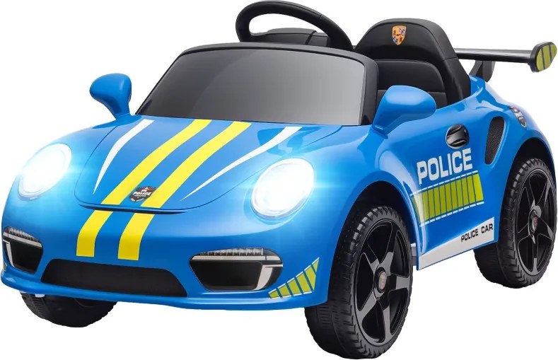 Carro Elétrico para Crianças de Polícia 12V com Motor Duplo Sirene Música Sem Fios Buzina Rodas Auxiliares e Faróis LED 105x58x49 cm Azul