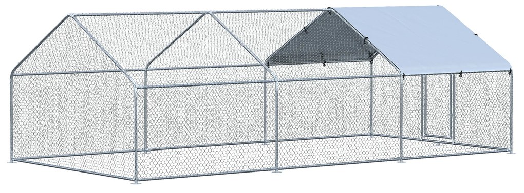Galinheiro de Exterior Grande 3.03x6x1,95cm Gaiola de Metal Galvanizado para Galinhas Coelhos Aves com Fechadura Prata
