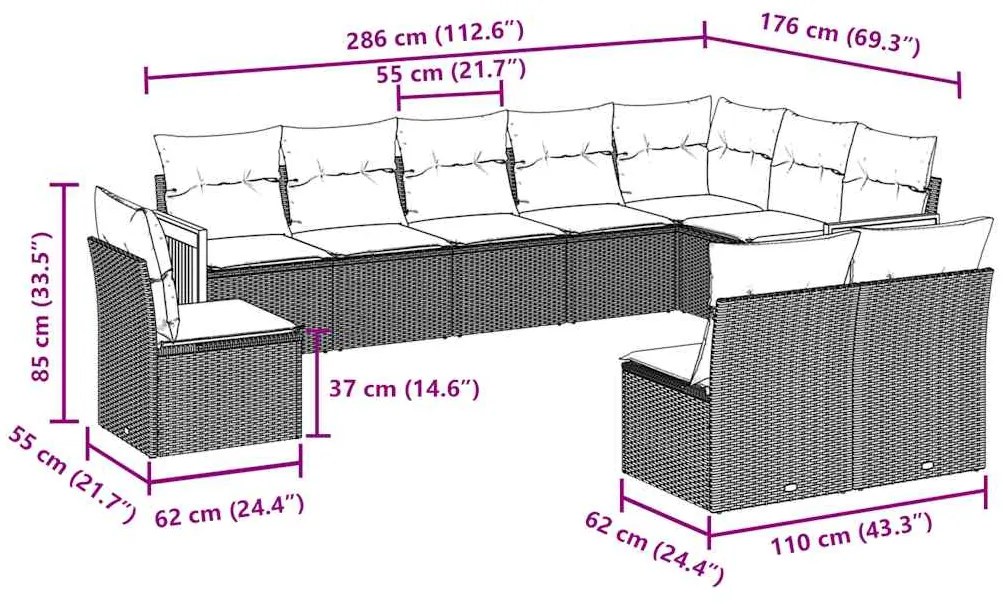 10 pcs conjunto sofás de jardim c/ almofadões vime PE preto