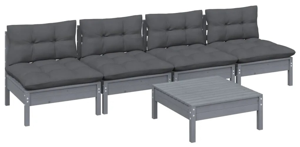 5 pcs conj. lounge de jardim com almofadões antracite pinho