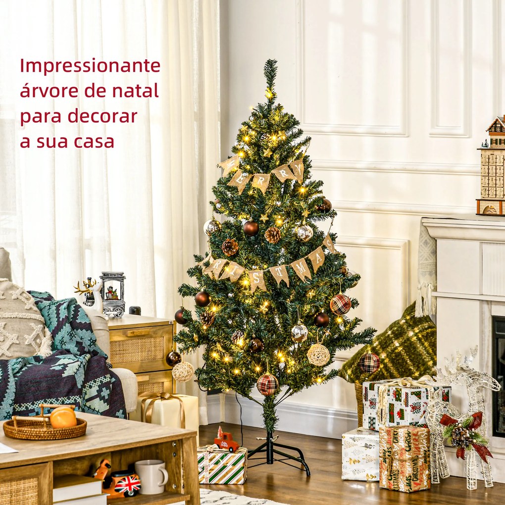 Árvore de Natal Artificial com 100 Luzes LED 472 Ramos e 80 Decorações para Interior Aço Ø91x150 cm Verde