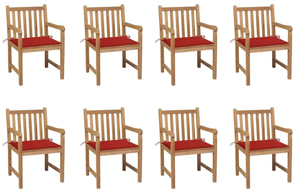 vidaXL Cadeiras de jardim c/ almofadões vermelho 8 pcs teca maciça