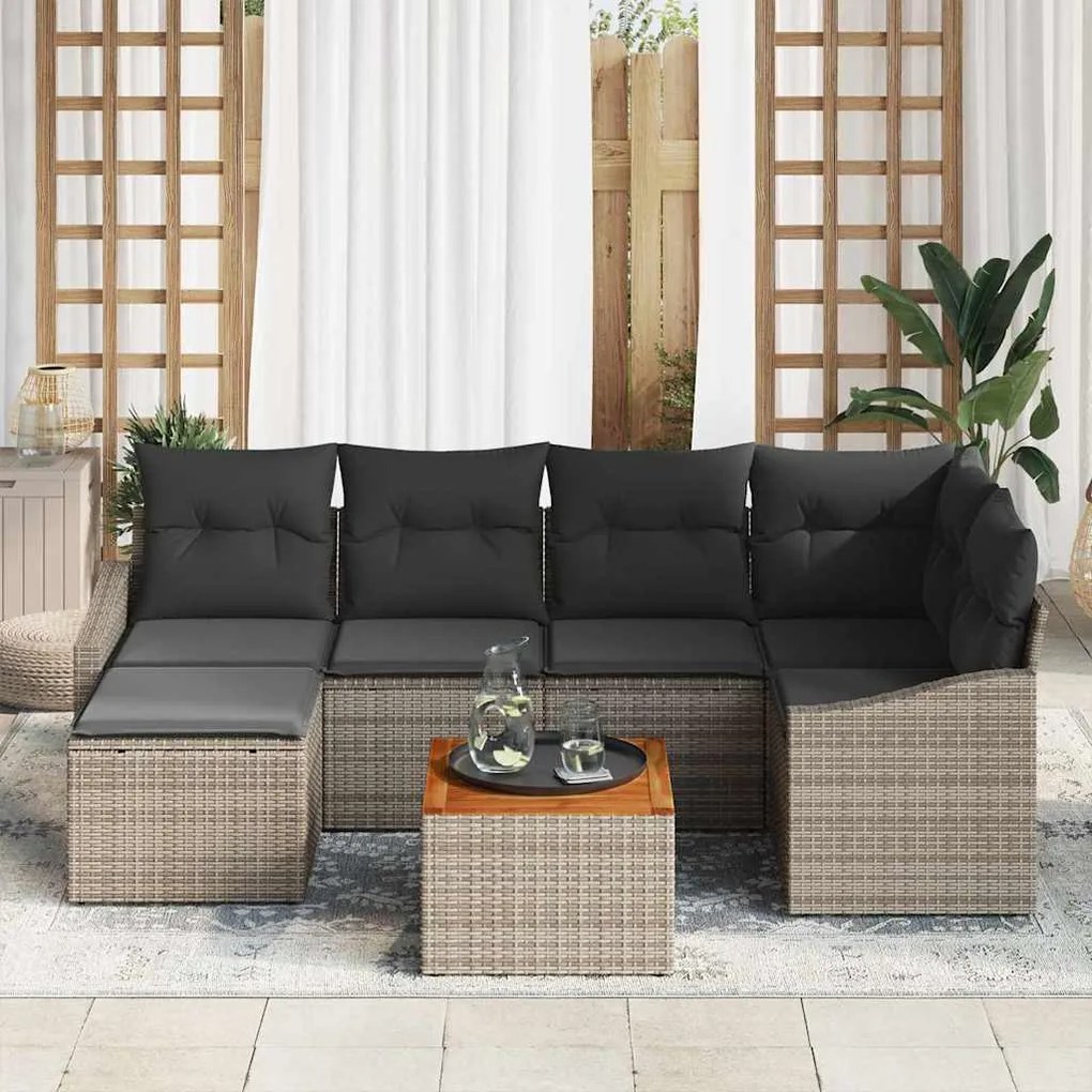 Sofá de Jardim - 7 Peças com Almofadas em Rattan e Poliéster Cinza