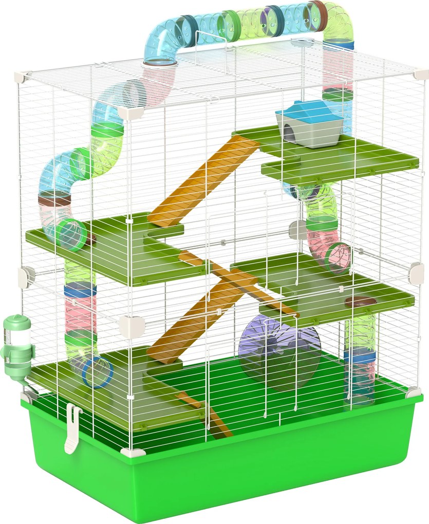 PawHut Gaiola para Hamster 59x36x69 cm com 4 Plataformas, Tubos, Comedouro, Bebedouro, 4 Rampas e Roda de Exercício Verde | Aosom Portugal