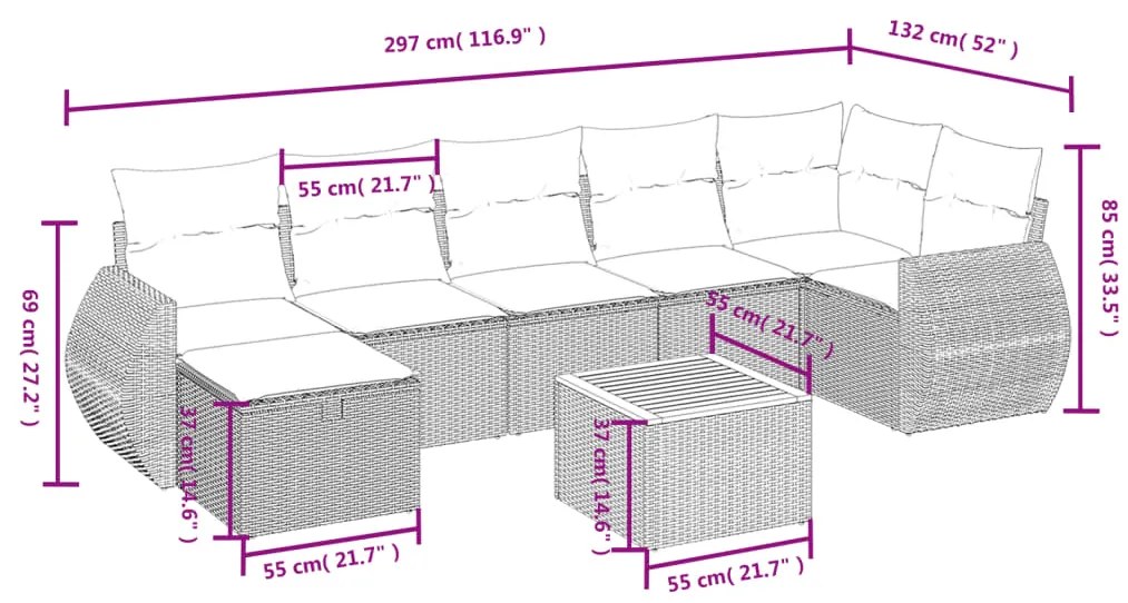 8 pcs conjunto sofás de jardim c/ almofadões vime PE cinzento