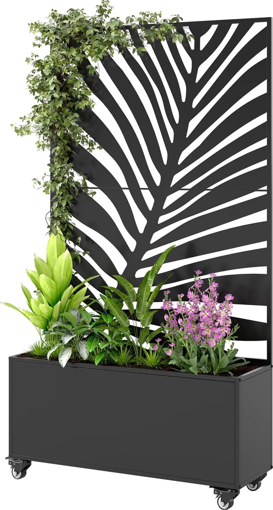 Floreira com treliça, floreira 90 x 30 x 160 cm, com proteção contra olhares curiosos e rodas bloqueáveis, metal, preta