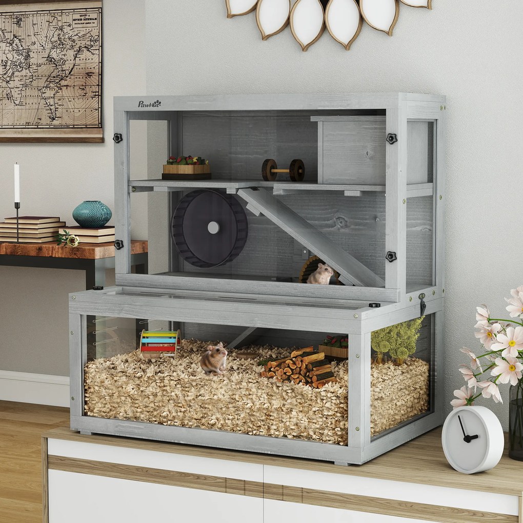 Gaiola de madeira para hamsters 80 x 50 x 84 cm, 3 níveis com casinha, roda, rampas, painel transparente, espaços separados, cinzenta