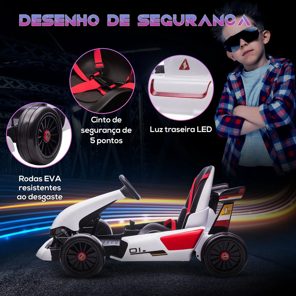 HOMCOM Kart Elétrico para Crianças de 4-8 Anos Go Kart Racing de Bateria 12V com Velocidade 3-6 km/h Controlo Remoto Música Buzina Carga Máxima 50kg 116x74x57,5cm Branco
