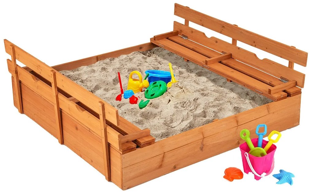 Caixa de areia para crianças com bancos de madeira, tampa e feltro para o chão, 120 x 120 cm Natural