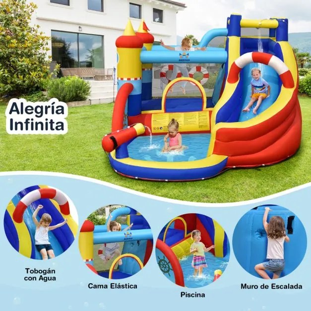 Castelo insuflável com compressor de 450 W Parque aquático infantil 6 em 1 com escorrega Área para saltar Piscina em forma de barco 360 x 290 x 200 cm