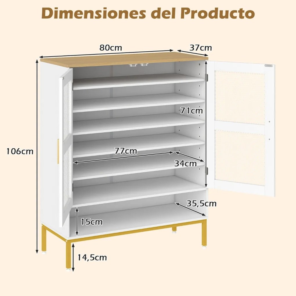 Sapateira de 7 níveis 80 x 37 x 106 cm com portas de malha Organizador moderno para sapatos em madeira com prateleiras ajustáveis Branco