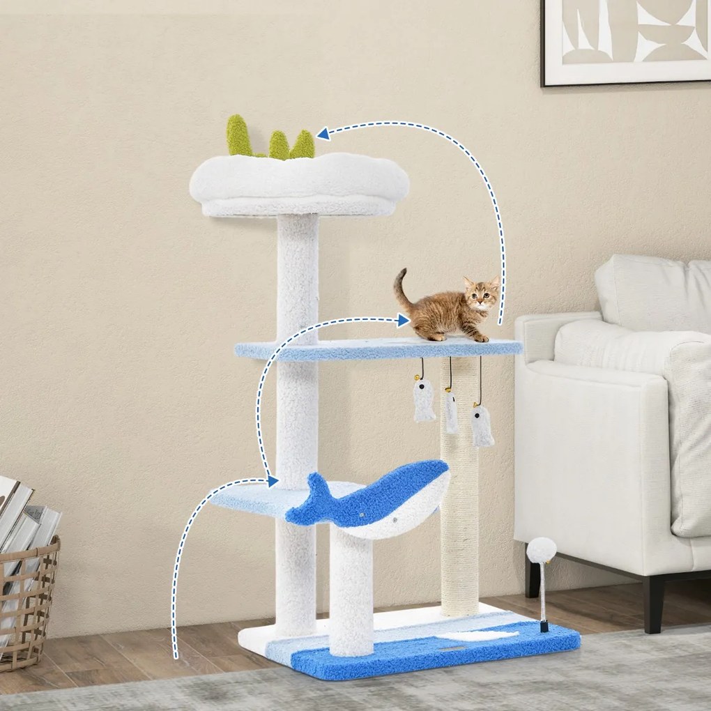 Arranhador para gatos de 86 cm Torre para gatos com tema de oceano de 3 níveis Postes de arranhar para gatos com tema de oceano Postes de arranhar cob