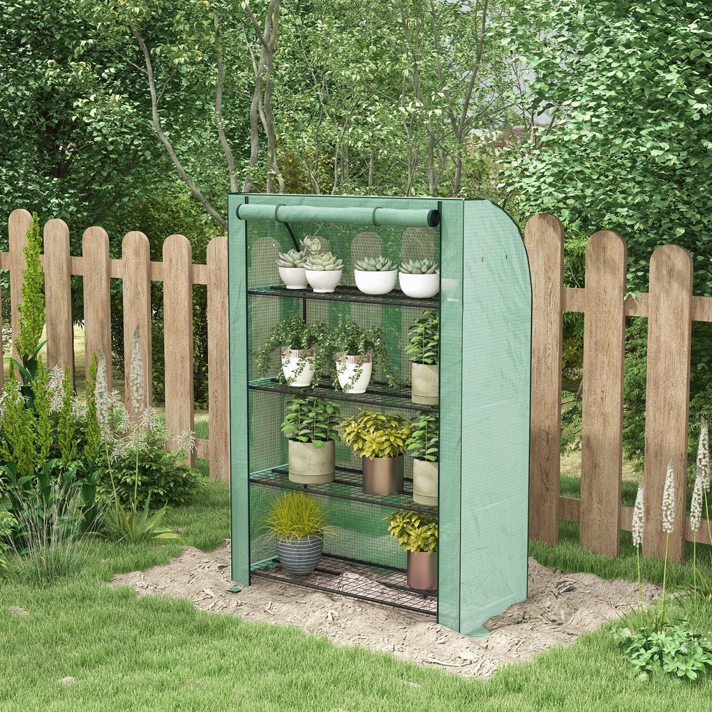 Mini estufa de jardim 120 x 50 x 170 cm de 4 andares com lona de PE reforçada, porta enrolável e prateleiras verde