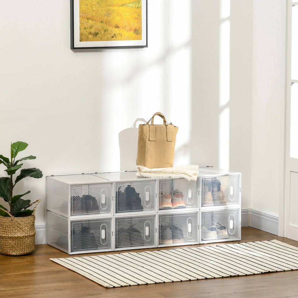HOMCOM Armário Modular de Plástico Sapateira Modular com 8 Cubos Portas Magnéticas Organizador de Sapatos para Entrada Corredor Dormitório 28x36x21cm Transparente