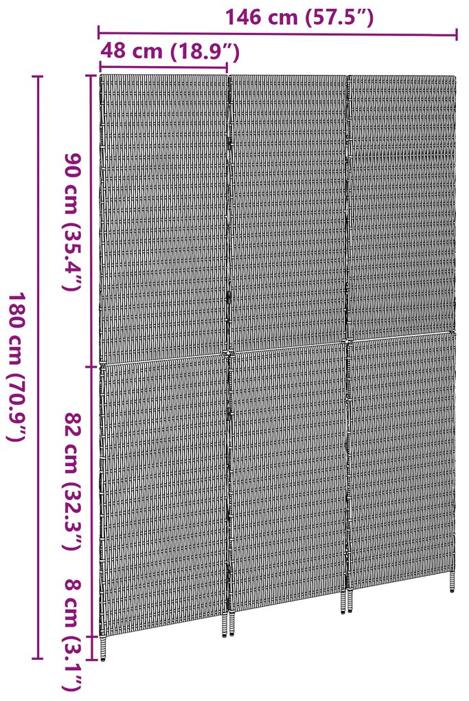 Divisória de Ambiente vidaXL com 3 Painéis Dobrável Preta 146x180 cm e