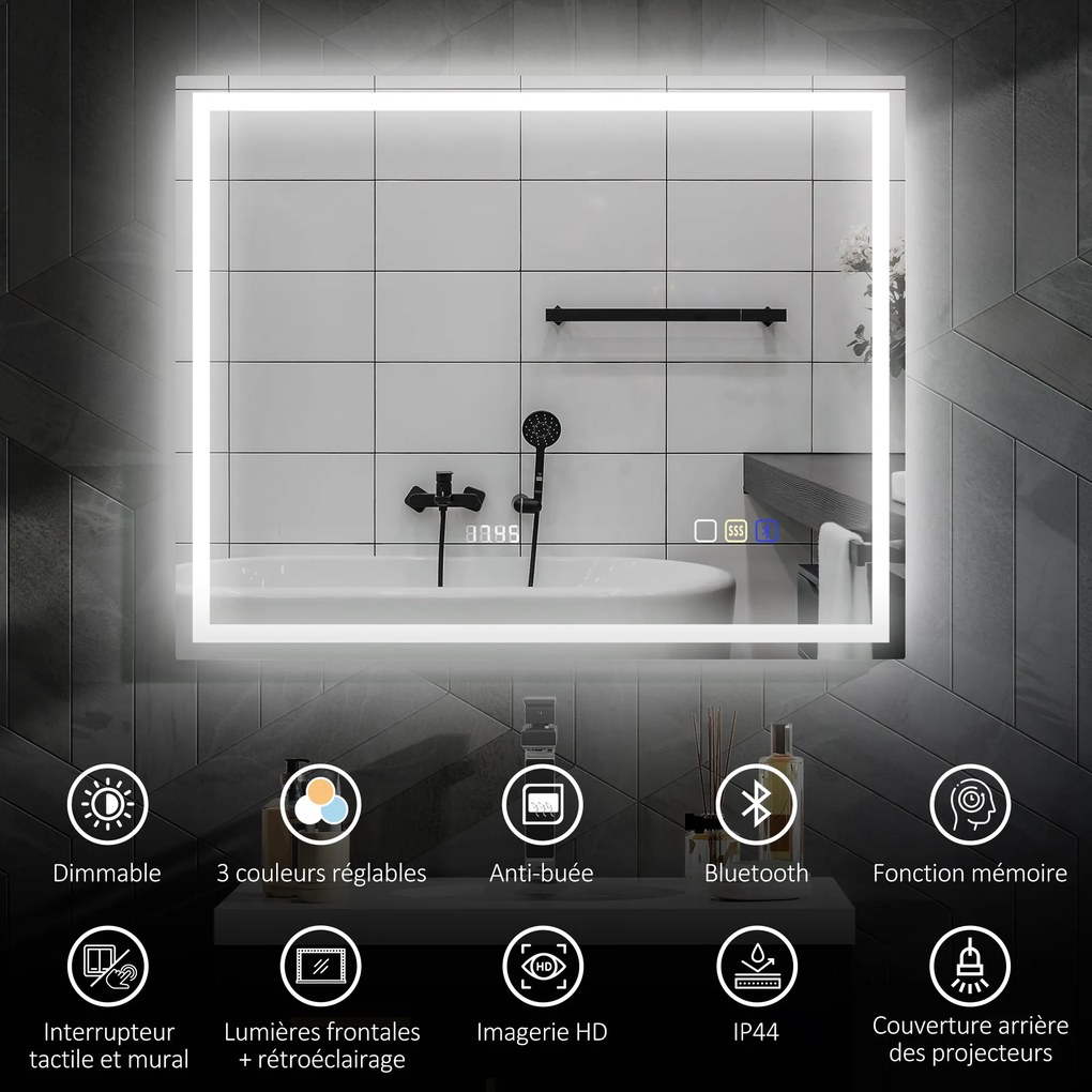Espelho de casa de banho com LED e Bluetooth, 80 x 100 cm, interruptor tátil, iluminação regulável, 3 cores, antiembaciamento, memória, prateado
