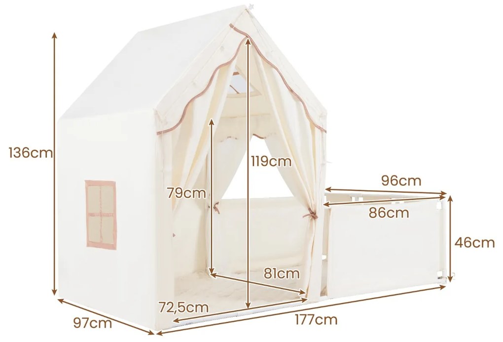 Tenda infantil 2 em 1 com Luzes de estrelas 177 x 97 x 136 cm Tapete Cortinas Janelas para crianças 3+ anos Interior Bege