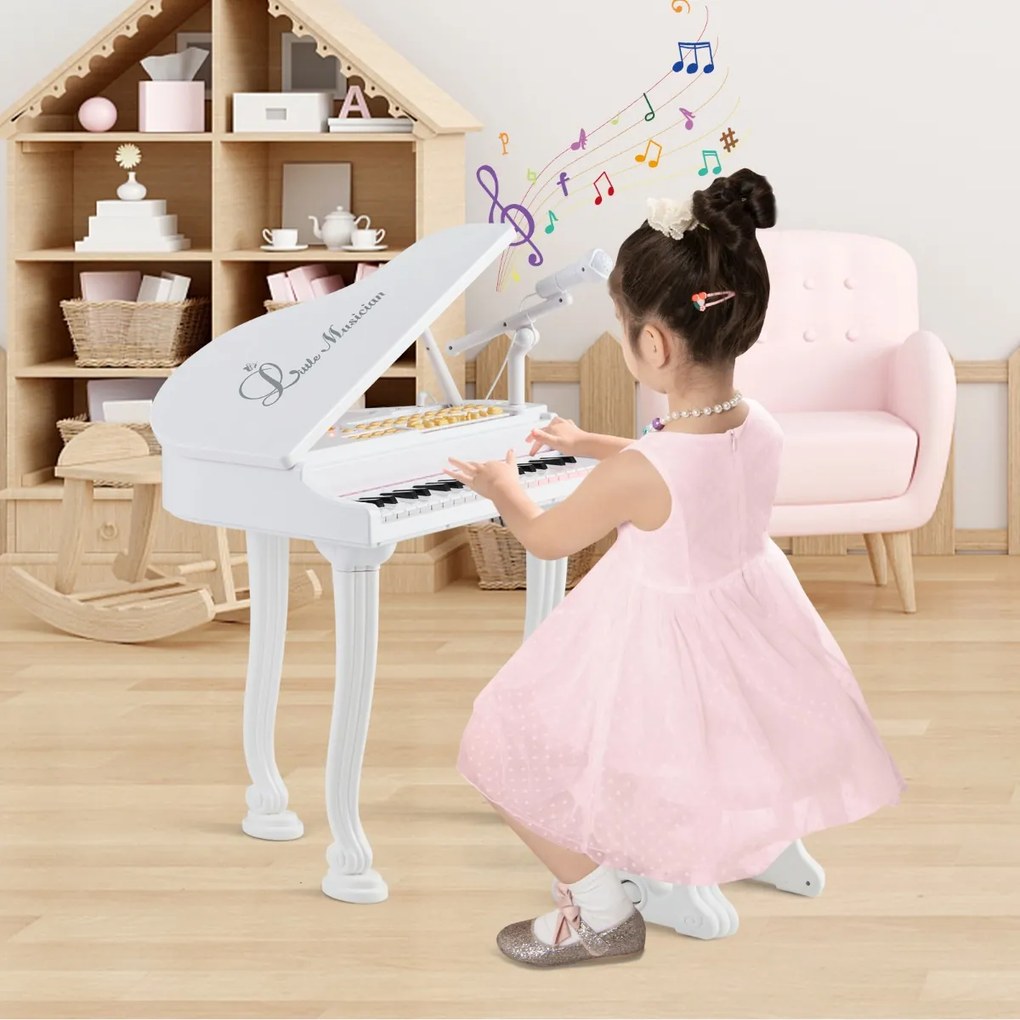 Piano Eletrónico para Crianças com 37 Teclas, Banco e Microfone LED, Modo de Ensino, Função de Gravação e Reprodução, Branco