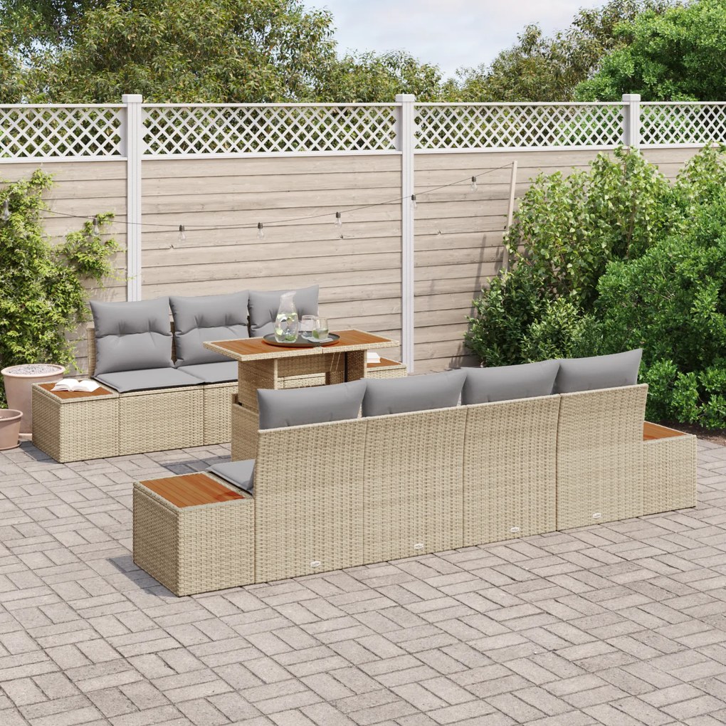 Conjunto de Jantar de Jardim com 8 Peças e Almofadas Bege em Rattan Si