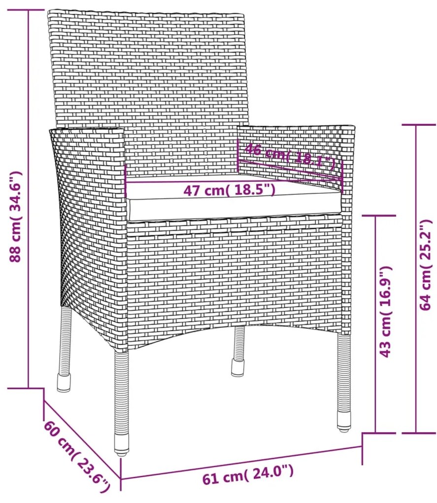 9 pcs conjunto de jantar p/ jardim c/ almofadões vime PE preto