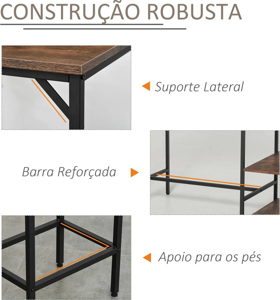 Conjunto de mesa de bar e 2 bancos com apoio para os pés e prateleiras de 3 níveis 109x60x100 cm castanho rústico