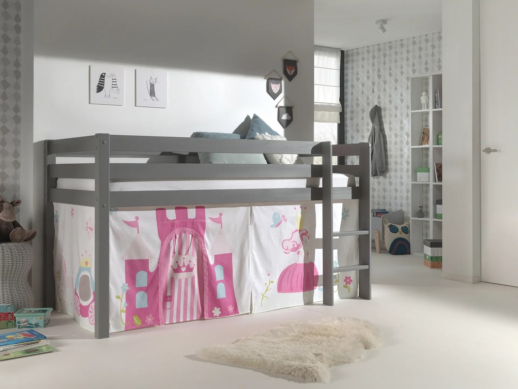 Conjunto Cama alta de Criança PINO 90 x 200 cm + estrado + escada + cortina Princesa Cinzenta