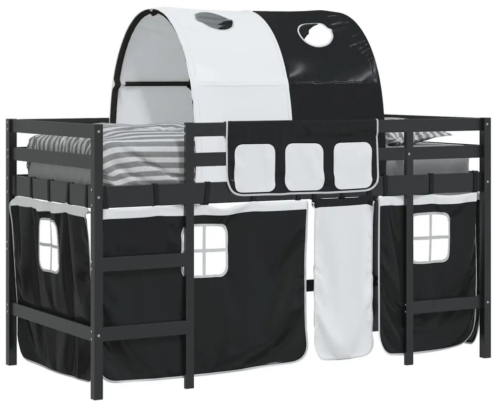 Cama alta criança c/ túnel 90x190 cm pinho maciço branco/preto
