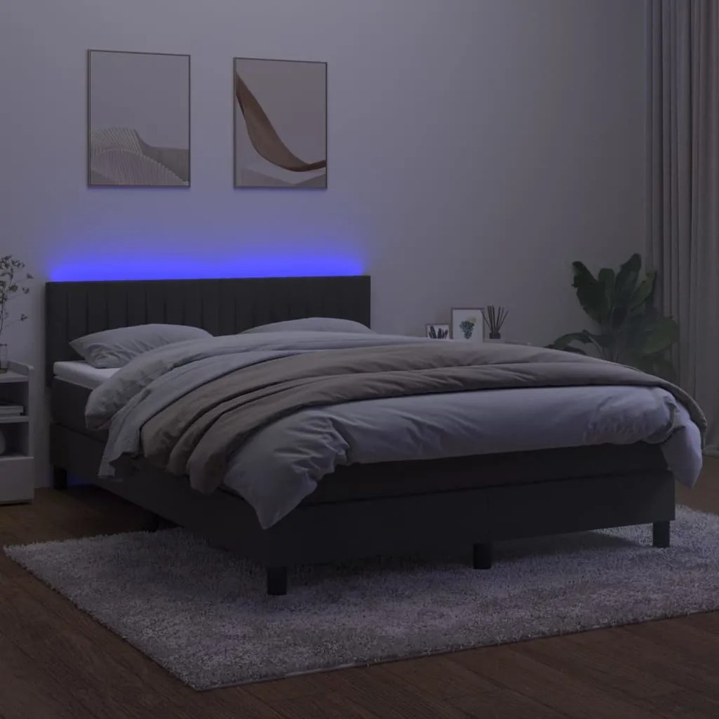 Cama box spring c/ colchão/LED 140x190cm veludo cinzento-escuro