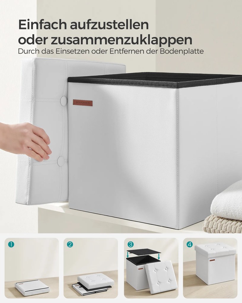 Banco quadrado arrumação 38 x 38 x 38 cm, em couro sintético, 38 cm, dobrável branco