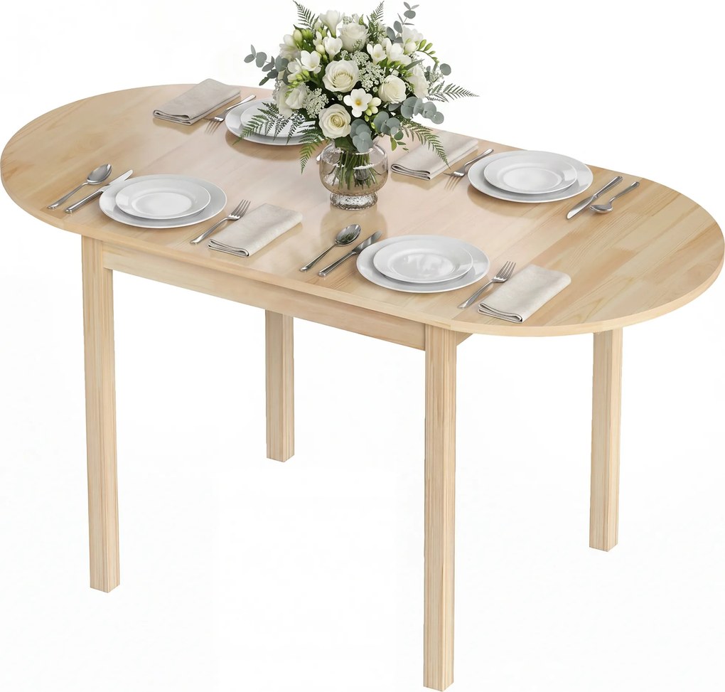 Mesa de jantar dobrável oval em madeira maciça 140 x 70 x 75 cm, com 2 abas (CADEIRAS NÃO INCLUIDAS), que ocupa pouco espaço,  Cor: natural