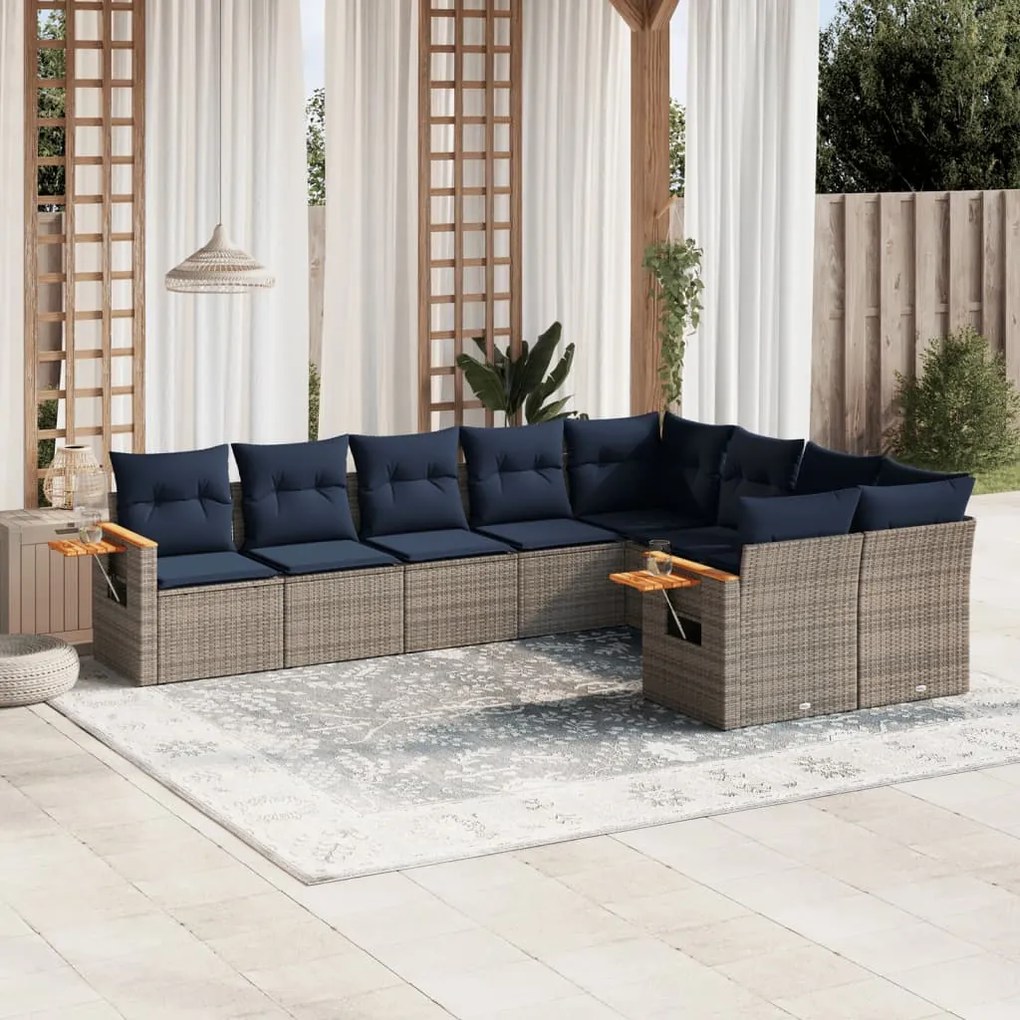 vidaXL 9 pcs conjunto sofás p/ jardim c/ almofadões vime PE cinzento