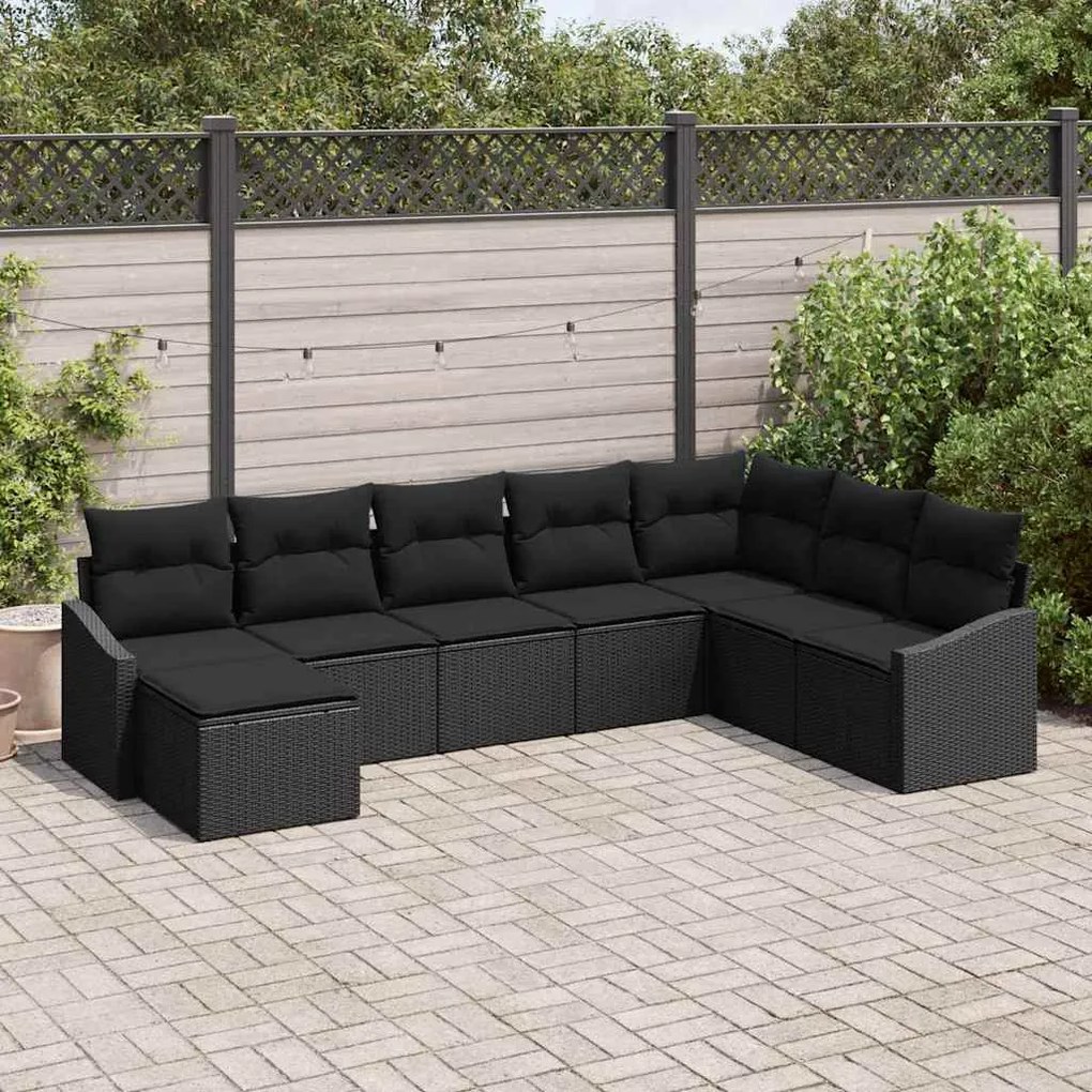 vidaXL Conjunto de Jantar de 8 Peças com Almofadas Preto Rattan Sintético