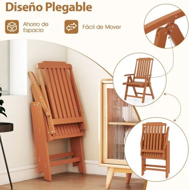 Cadeira dobrável para jardim em HDPE para todas as condições meteorológicas com apoios para os braços, encosto curvo e assento com ripas Castanho