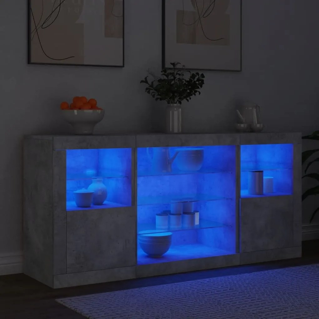 Aparador com luzes LED 142,5x37x67 cm cinzento cimento