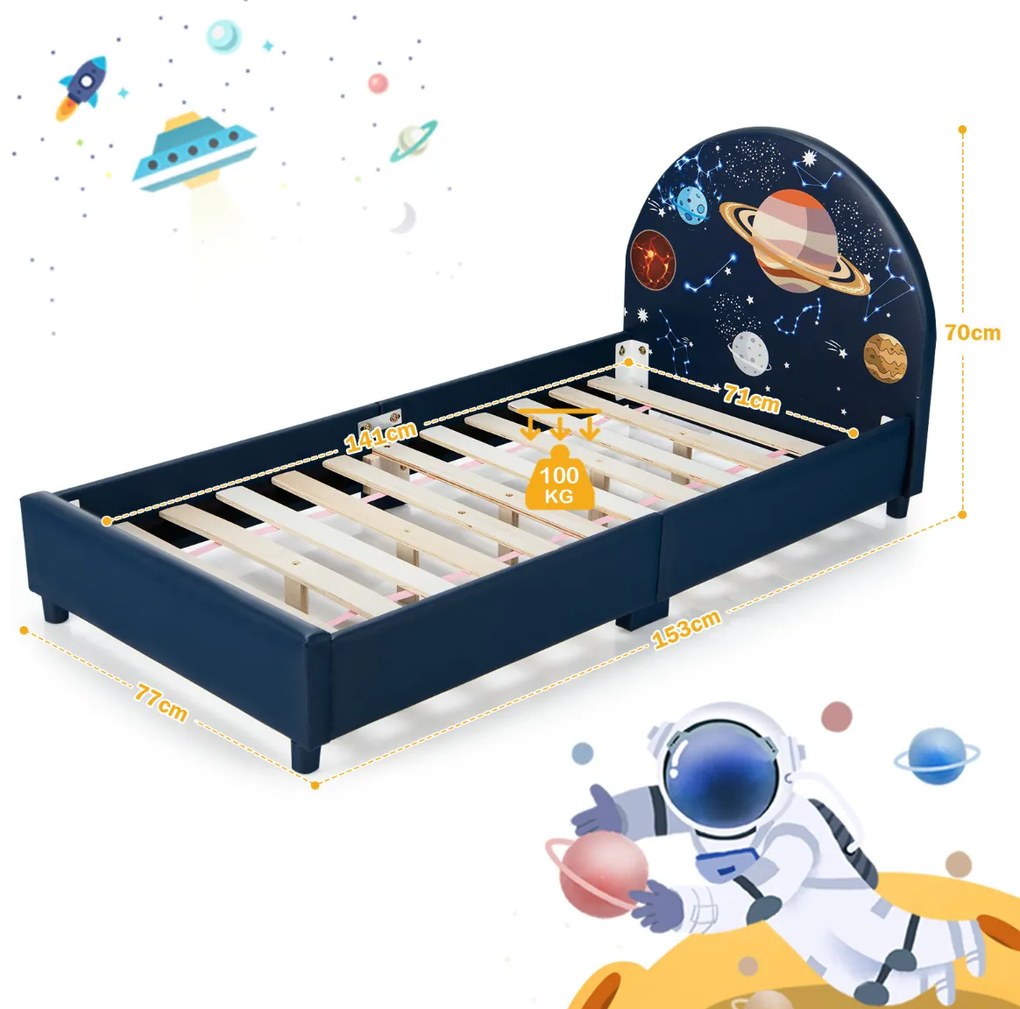 Base de Cama de Criança Galáxia Base de Cama com Cabeceira Alta de Madeira 153 x 77 x 70 cm Azul