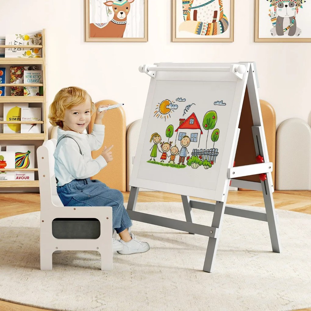 Cavalete infantil reversível 55 x 48 x 75-94 cm com cadeira ajustável com quadro negro e Quadro branco e Porta-papel Cinzento