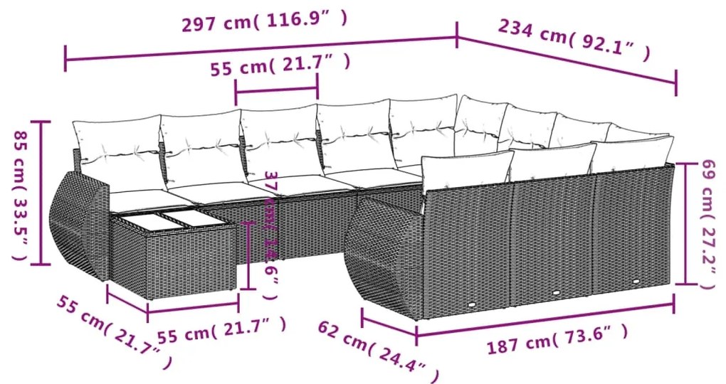 11 pcs conjunto sofás de jardim c/ almofadões vime PE castanho